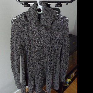 JOAN VASS cotton/ linen grey turtle neck chunky cable knit sweater/tunic M